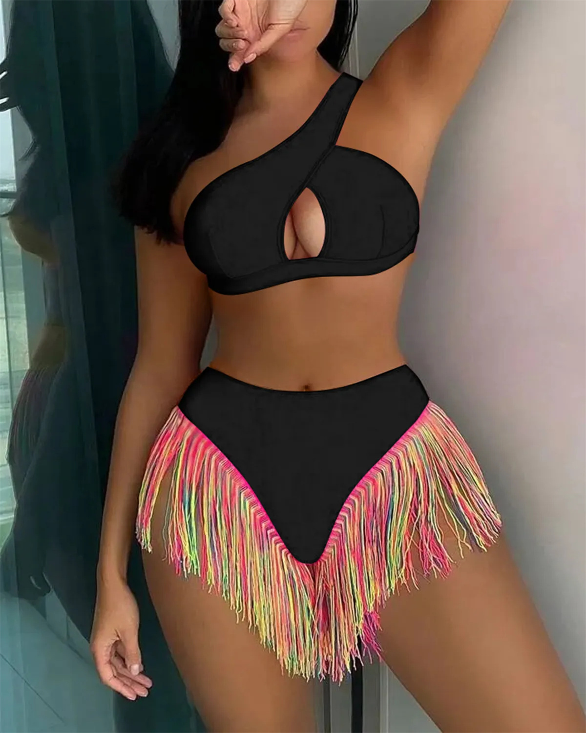 Women's Solid Color Fringe Hem Bikini-Curvy-Faja