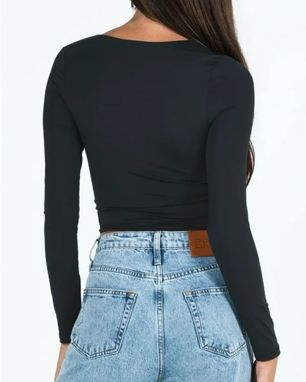 Long Sleeve Square Neck T-Shirt Top-Curvy-Faja