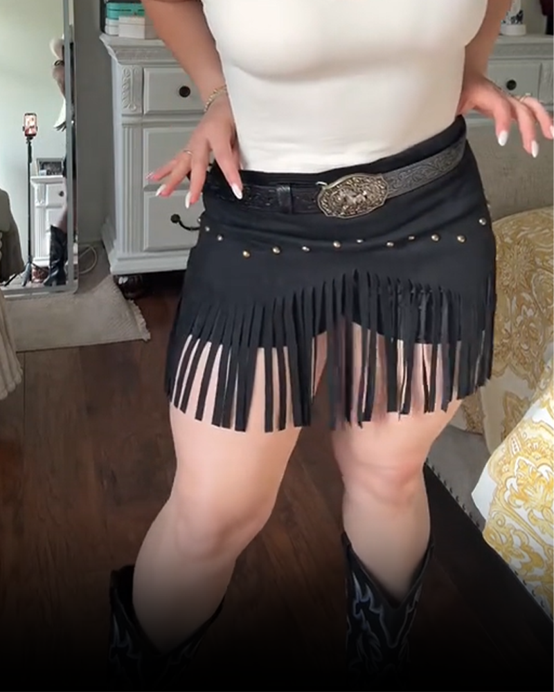 Retro Studded Tassel Mini Skirt