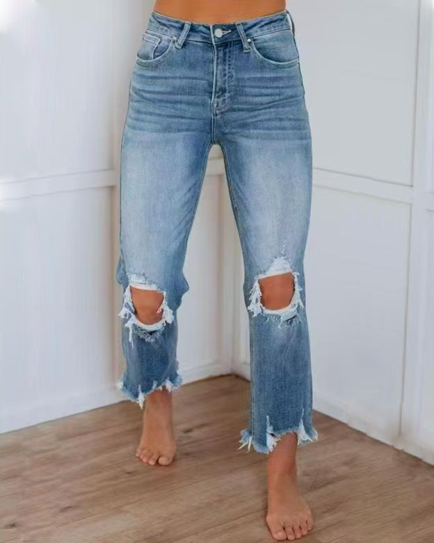 Straight-Leg Casual Ripped Jeans