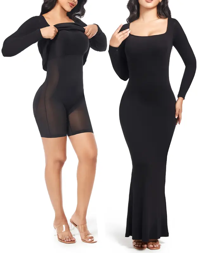 Square Neck Long Sleeve Tummy Control Built-In Body Shaping Dress-Curvy-Faja