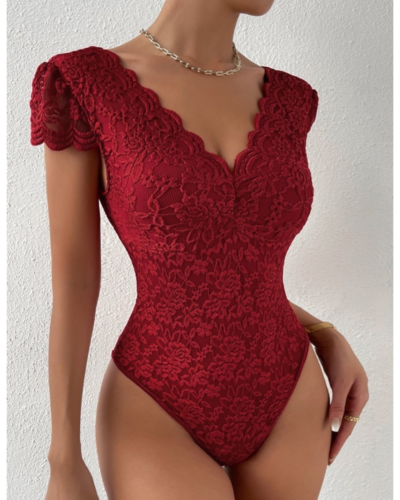 Sexy Deep V Neck Lace Short Sleeve One Piece Bodysuit-Curvy-Faja