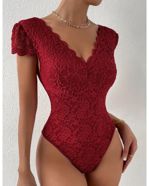 Sexy Deep V Neck Lace Short Sleeve One Piece Bodysuit-Curvy-Faja