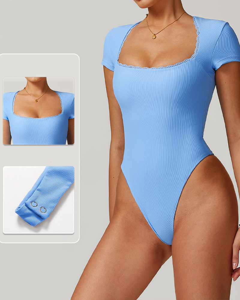 Short Sleeved Lace Trimmed Bodycon Bodysuit