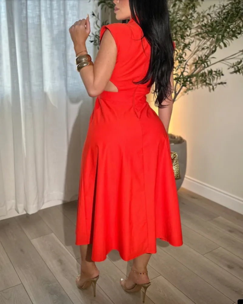 Business Suit Sleeveless Shirt Collar Dress Waist Hollow Design Long Skirt-Curvy-Faja