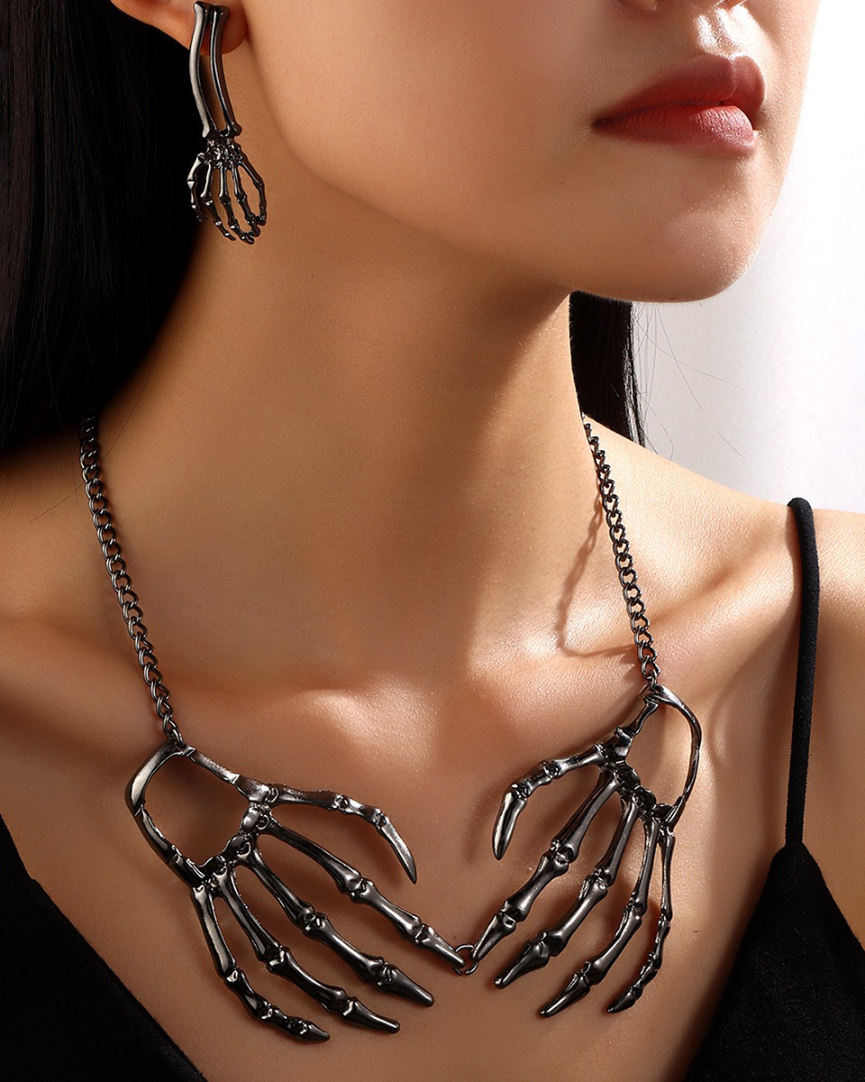 Skeleton Hand Pendant Necklace Set-Curvy-Faja