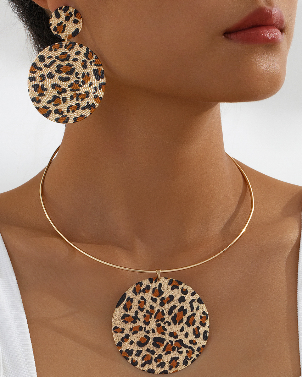 Leopard Print Necklace and Earrings Set-Curvy-Faja