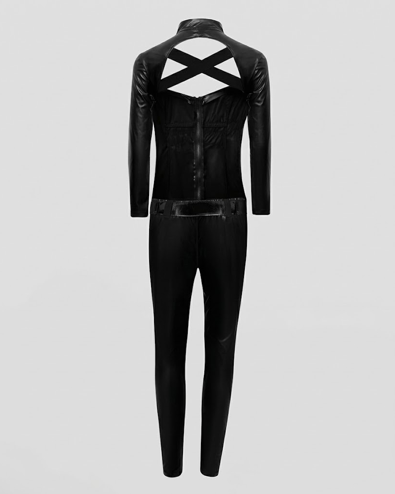 Halloween Catwoman 4 Piece Set Faux Leather Crisscross Open Back Bodysuit Costume