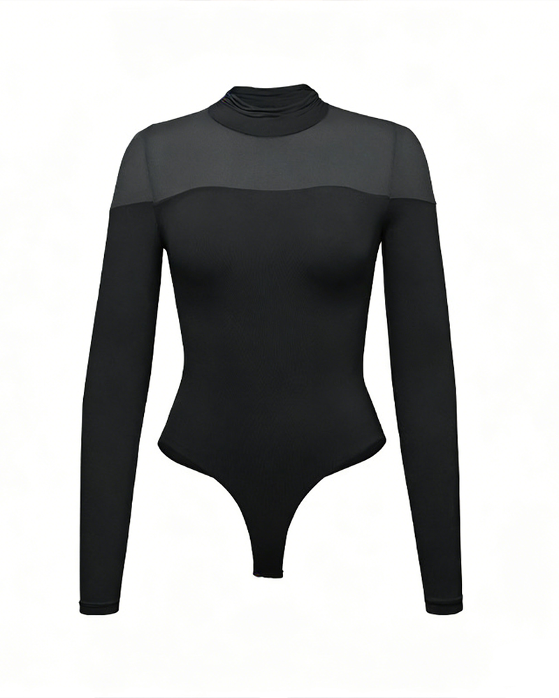 Seamless High-Neck Base Layer Mesh Splicing Long-Sleeved Slim-Fit High-Elastic Bodysuit