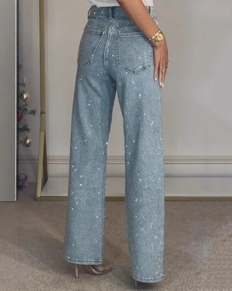 Fully Rhinestone High Waisted Straight Leg Washed Jeans