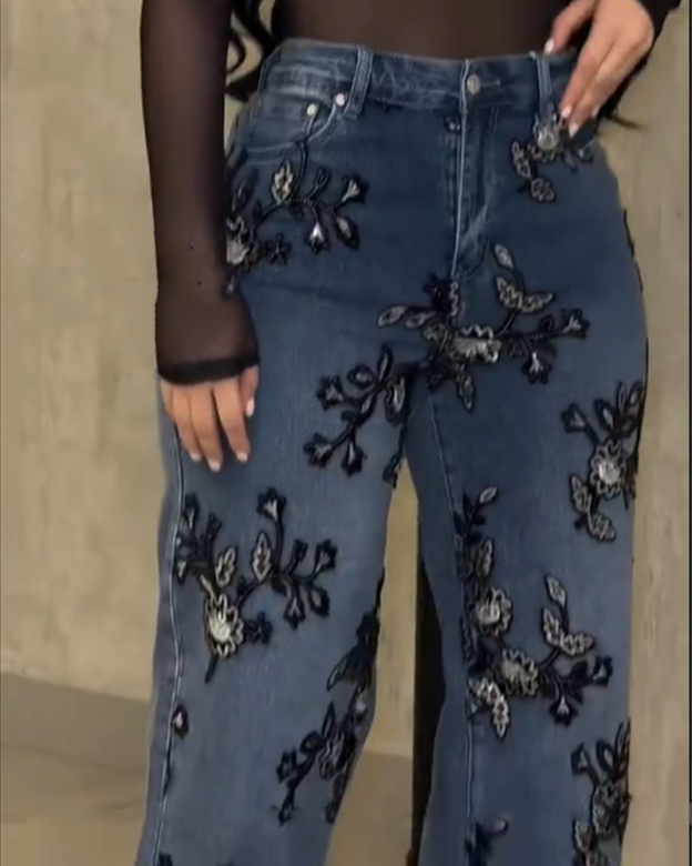 Retro Blue Denim Wide Leg Pants With Floral Embroidery (Pre-Sale)