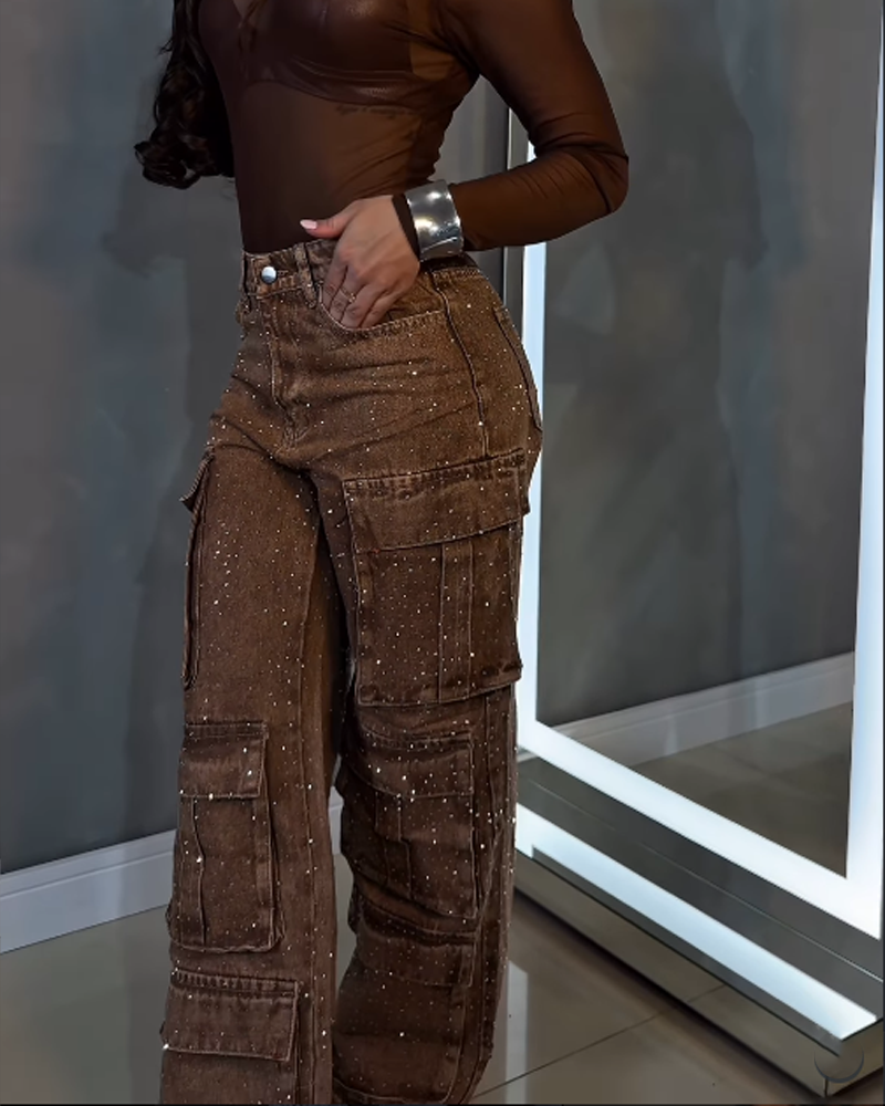 Street Style Casual Jeans With Rhinestone Studded Pockets