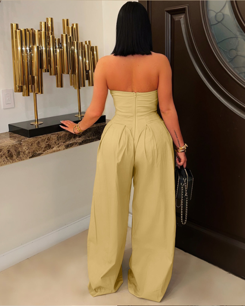 Strapless Sleeveless Jumpsuit With Metal Buttons