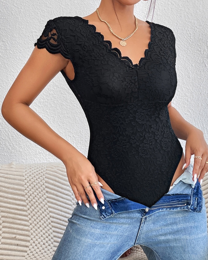 Sexy Deep V Neck Lace Short Sleeve One Piece Bodysuit-Curvy-Faja