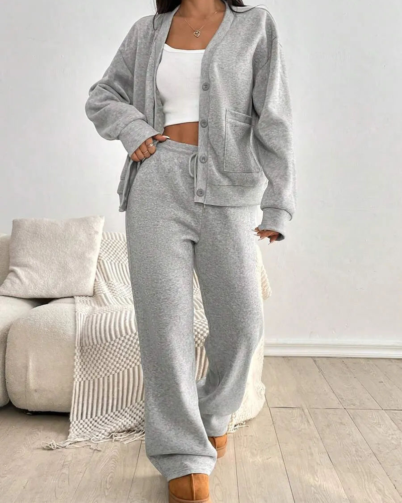 Simple Cardigan Casual Trousers Set