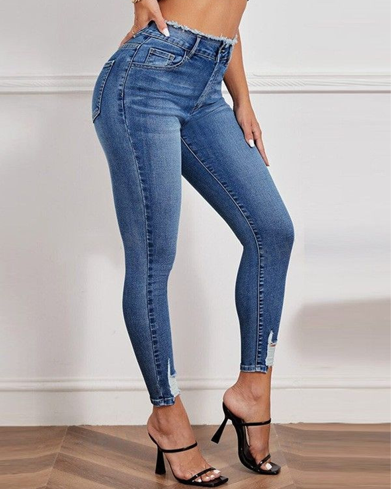 Women's Ripped Skinny Jeans-Curvy-Faja