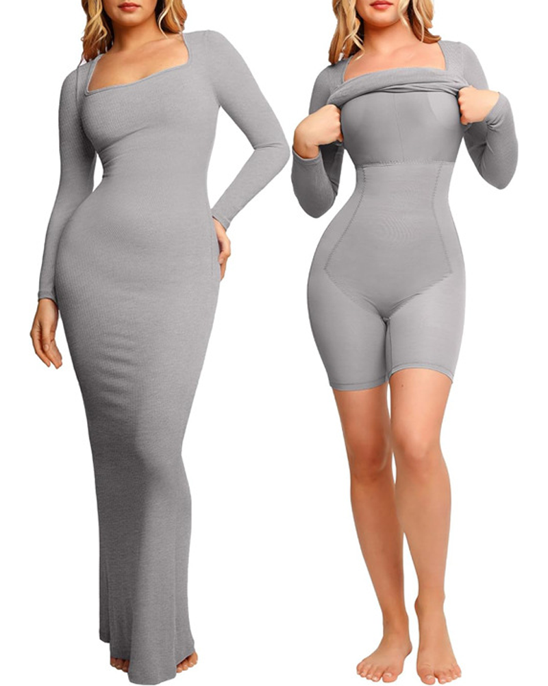 Square Neck Long Sleeve Tummy Control Built-In Body Shaping Dress-Curvy-Faja