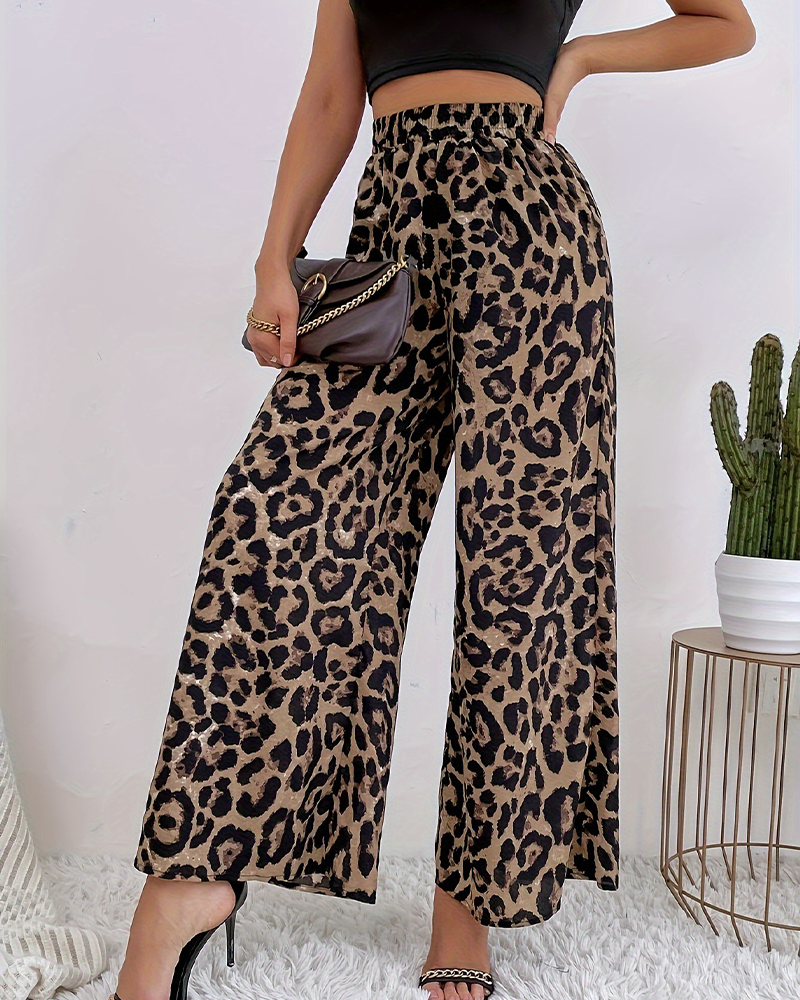 Leopard Print Casual Wide-Leg Trousers-Curvy-Faja