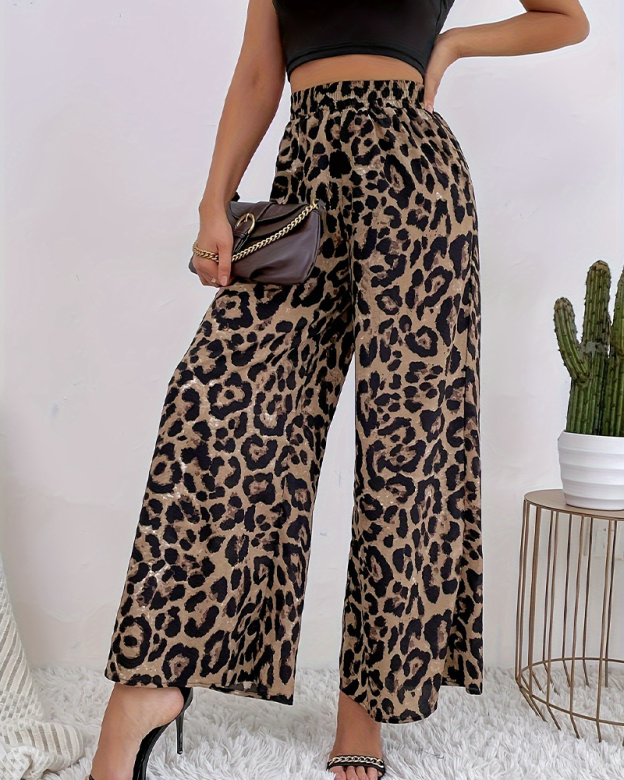 Leopard Print Casual Wide-Leg Trousers-Curvy-Faja