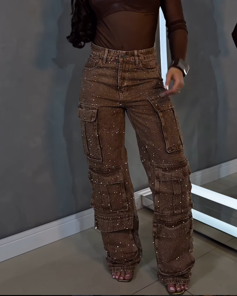 Street Style Casual Jeans With Rhinestone Studded Pockets