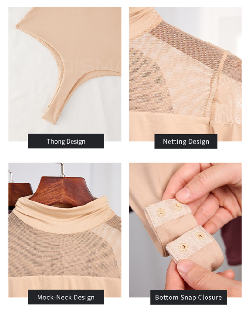 Seamless High-Neck Base Layer Mesh Splicing Long-Sleeved Slim-Fit High-Elastic Bodysuit