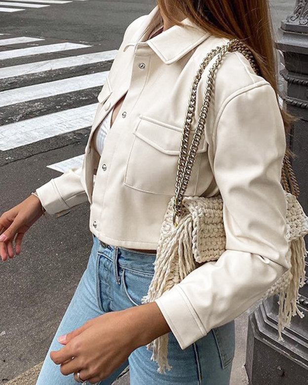 Long-Sleeved PU Leather Jacket Short Coat