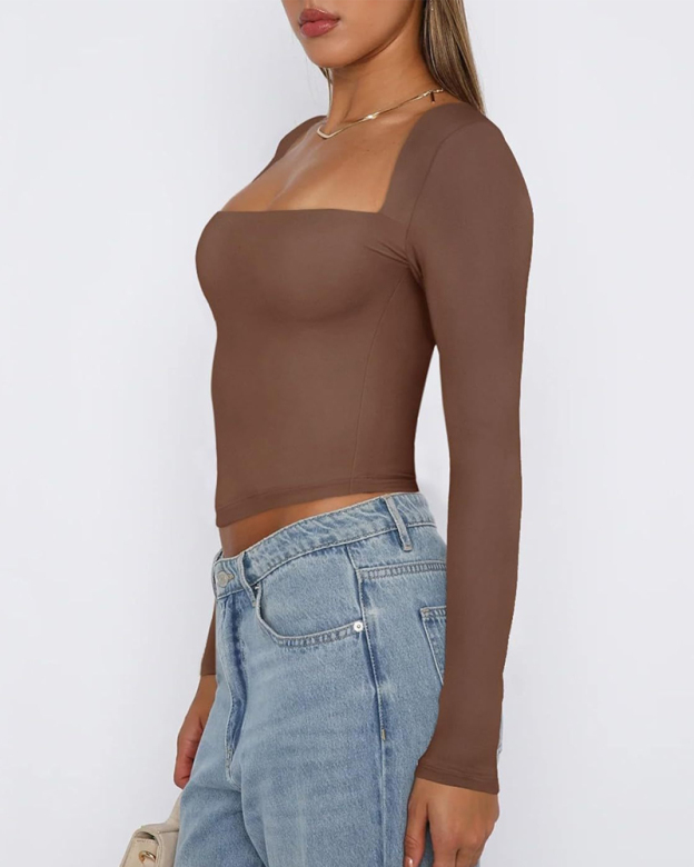 Long Sleeve Square Neck T-Shirt Top-Curvy-Faja