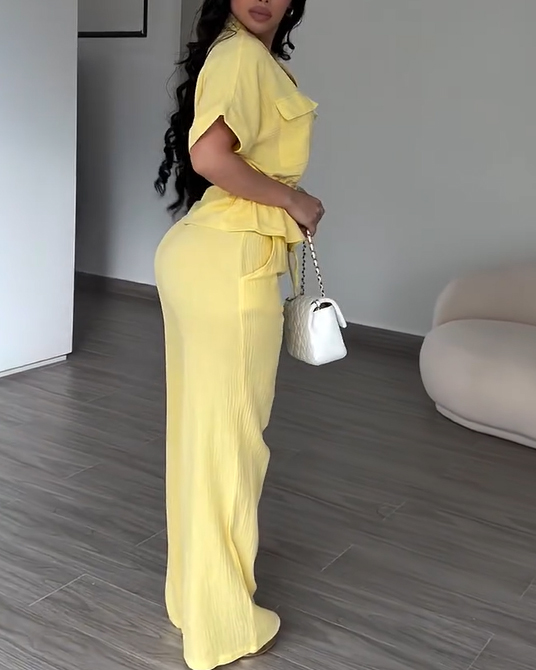 Women's 2 Piece Linen Outfits Short Sleeve Drawstring  Shirts and Wide Leg Pants With Pockets-Curvy-Faja