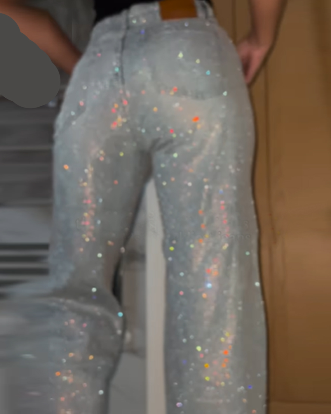 Rainbow Rhinestone and Gypsophila Sequined High-Waisted Wide-Leg Jeans