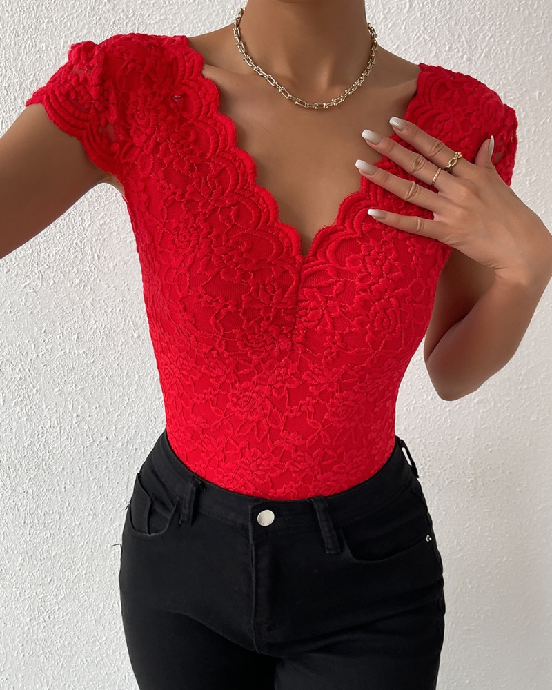 Sexy Deep V Neck Lace Short Sleeve One Piece Bodysuit-Curvy-Faja