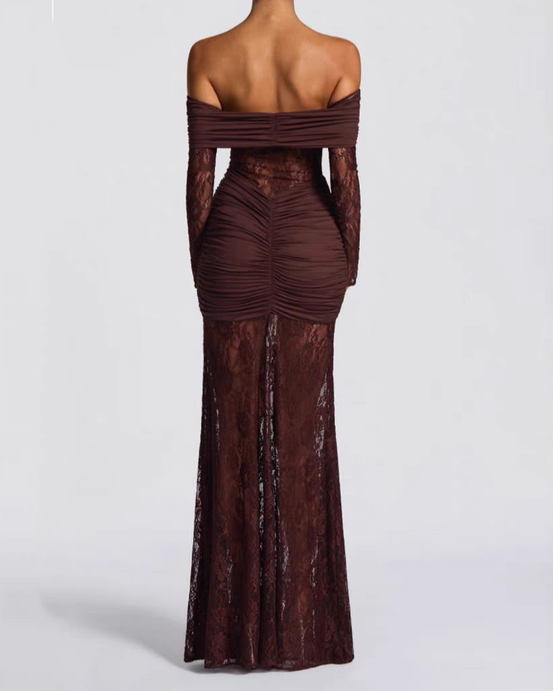 Lace Trimmed Off Shoulder Long Sleeved Bodycon Dress