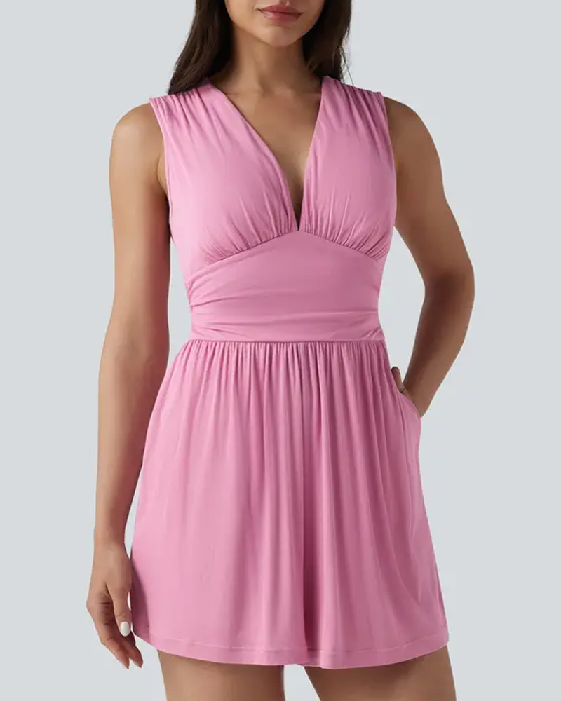 Easy Wear V-neck Sleeveless Ruched Built-in Bra Tummy Control Jumpsuit (Pre-sale)