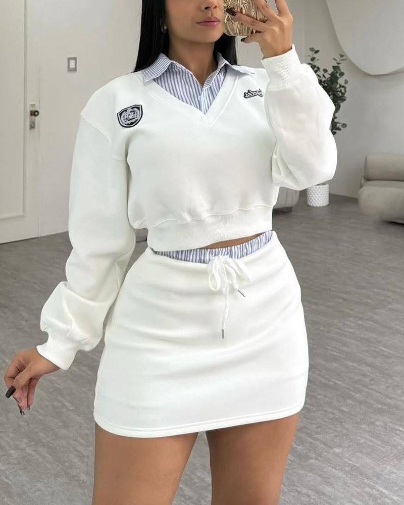 Striped Patchwork Preppy Style Midi Skirt Set (Pre-Sale）