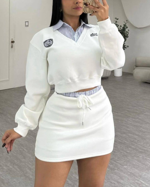 Striped Patchwork Preppy Style Midi Skirt Set (Pre-Sale）