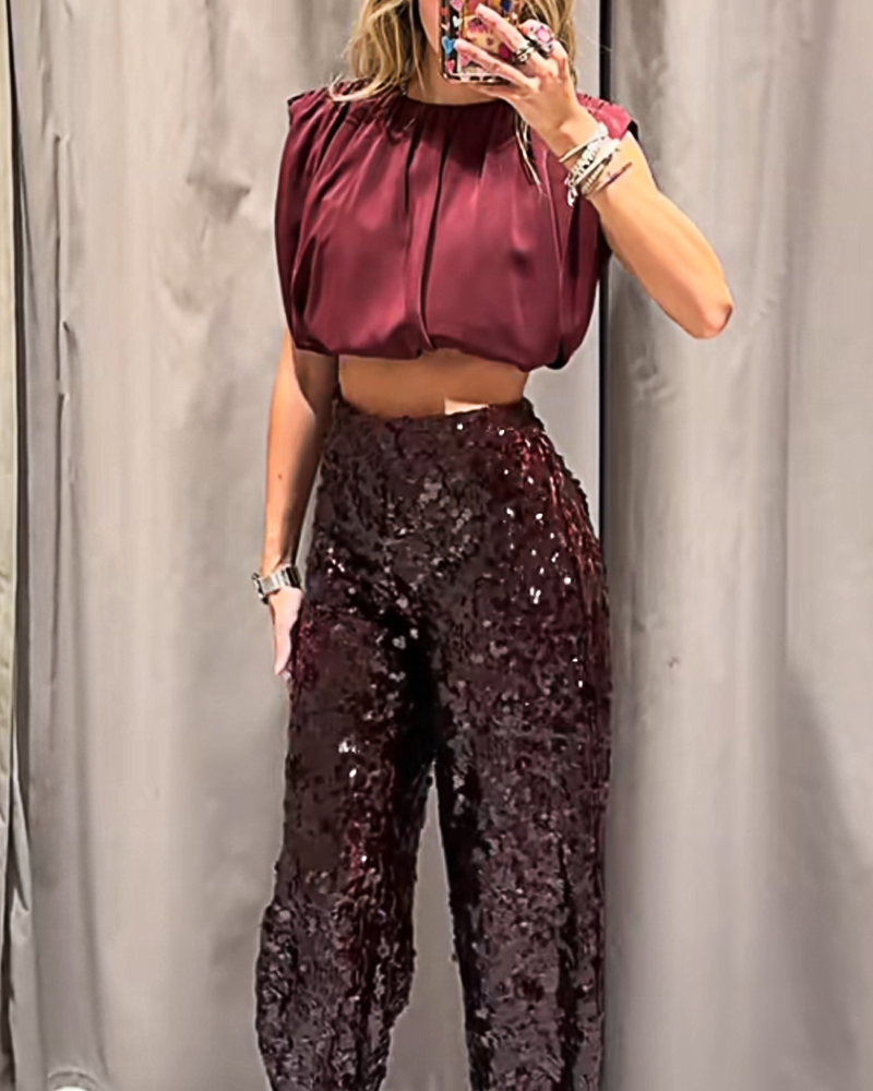 Fashionable Red Sequined Bucket Pants