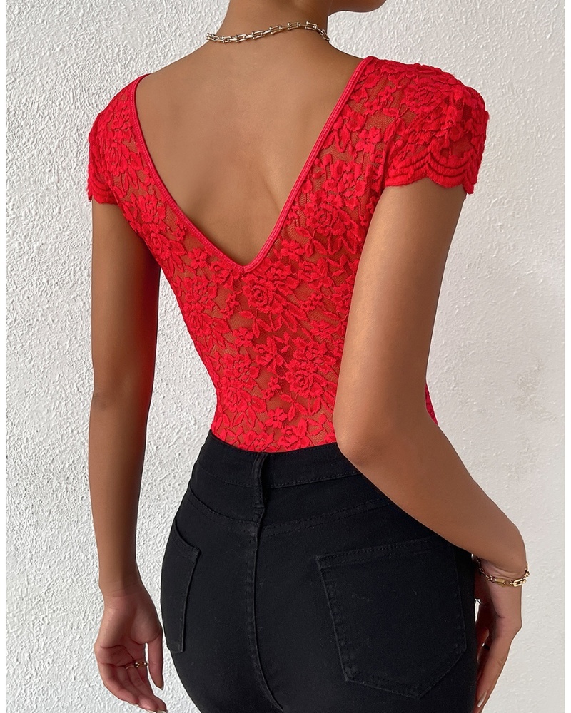 Sexy Deep V Neck Lace Short Sleeve One Piece Bodysuit-Curvy-Faja