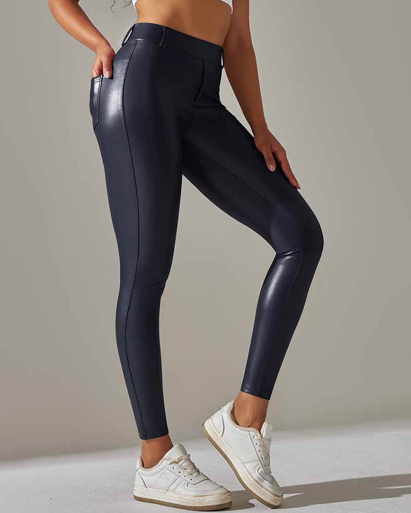 Pocket Pu Leather Pants With Tight Belly And High Waist