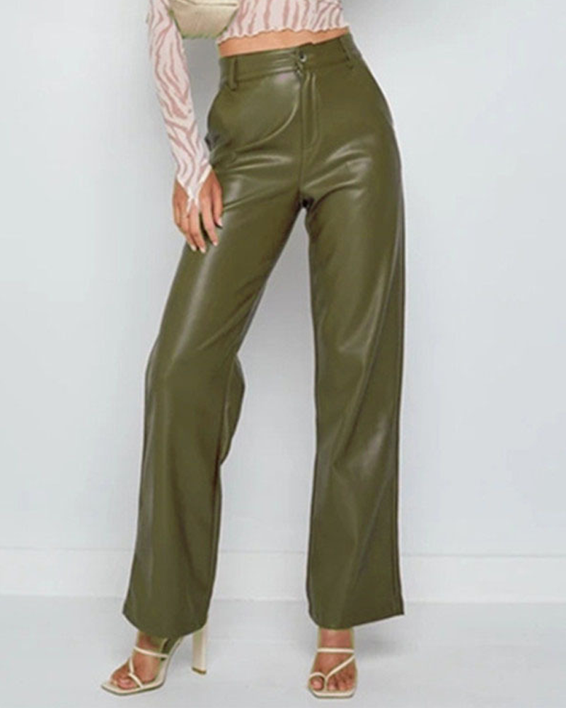 Casual High-Waisted Straight-Leg PU Leather Pants