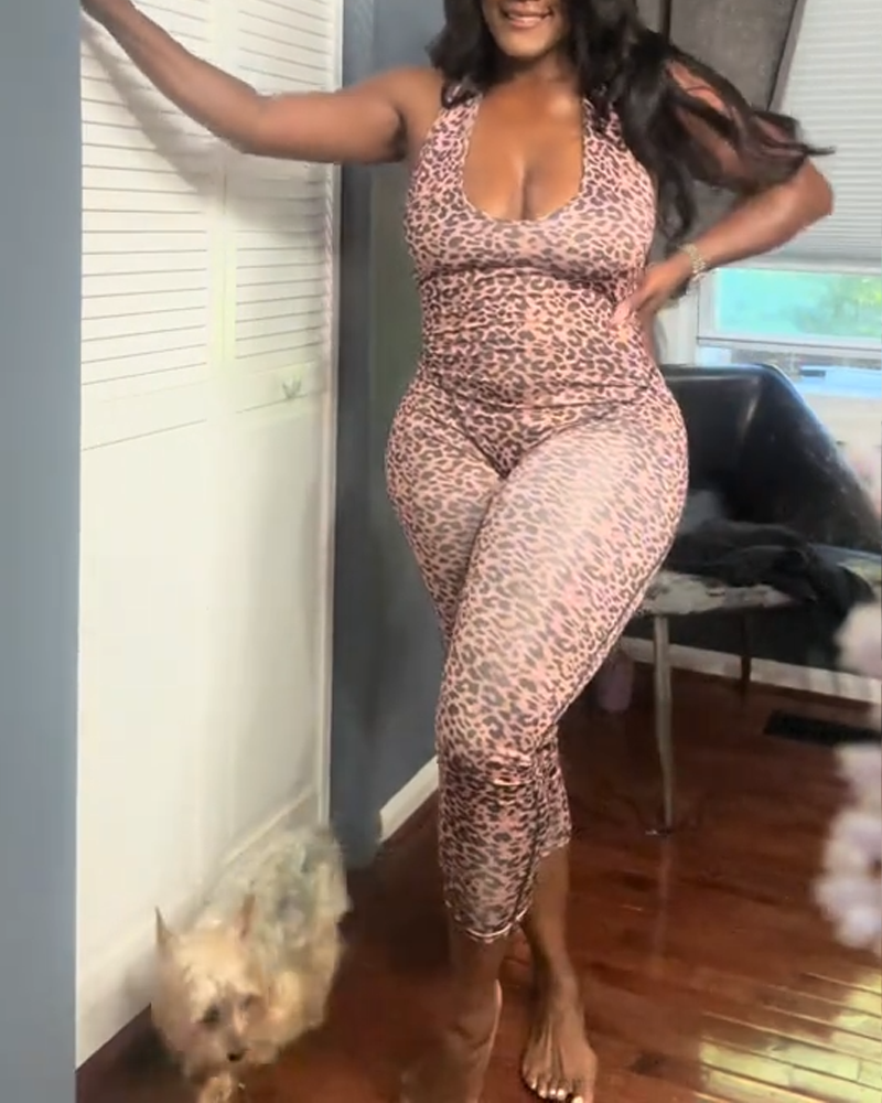 Leopard Print Sexy V-Neck Backless Bodycon Jumpsuit