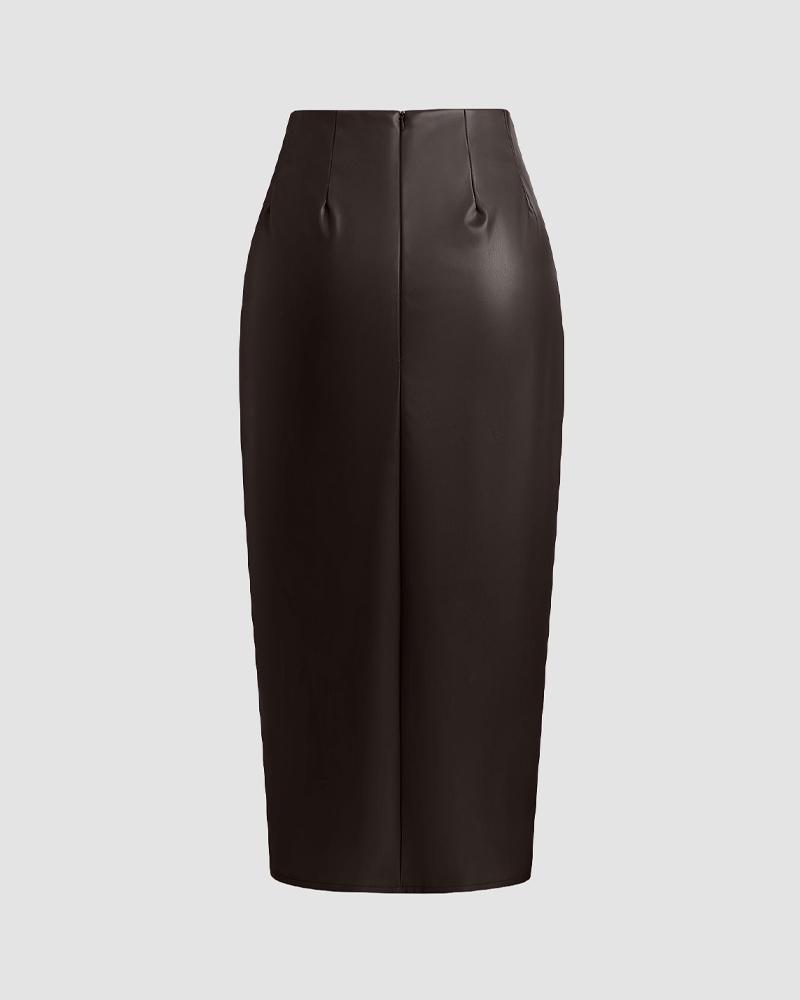 Pleated Drawstring PU High-Waisted Slit Midi Skirt