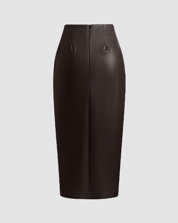 Pleated Drawstring PU High-Waisted Slit Midi Skirt