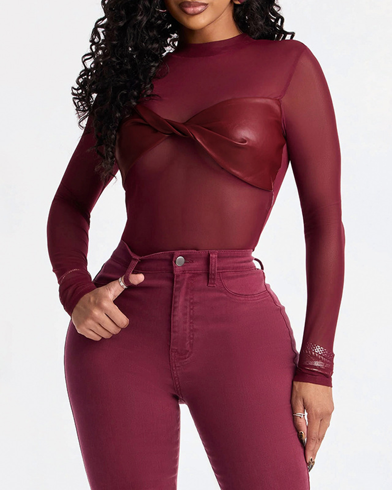 Sexy Mesh PU Leather Long-Sleeved Slim Fit Bodysuit