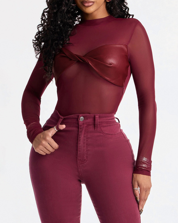 Sexy Mesh PU Leather Long-Sleeved Slim Fit Bodysuit