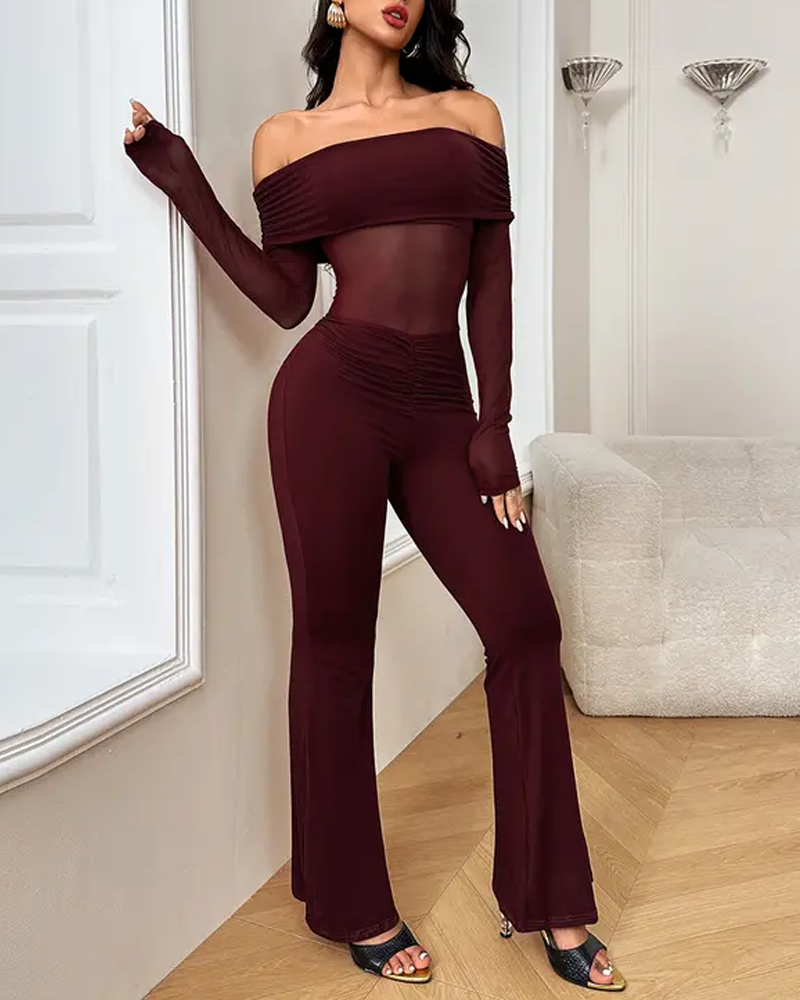 Mesh-Paneled Off-Shoulder Long-Sleeved Jumpsuit