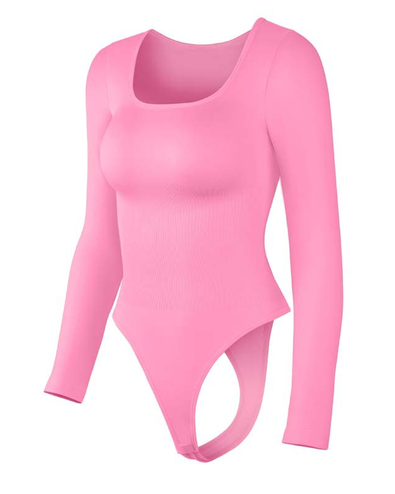 Long-Sleeved Square Neck Slim Waist Bodysuit-Curvy-Faja