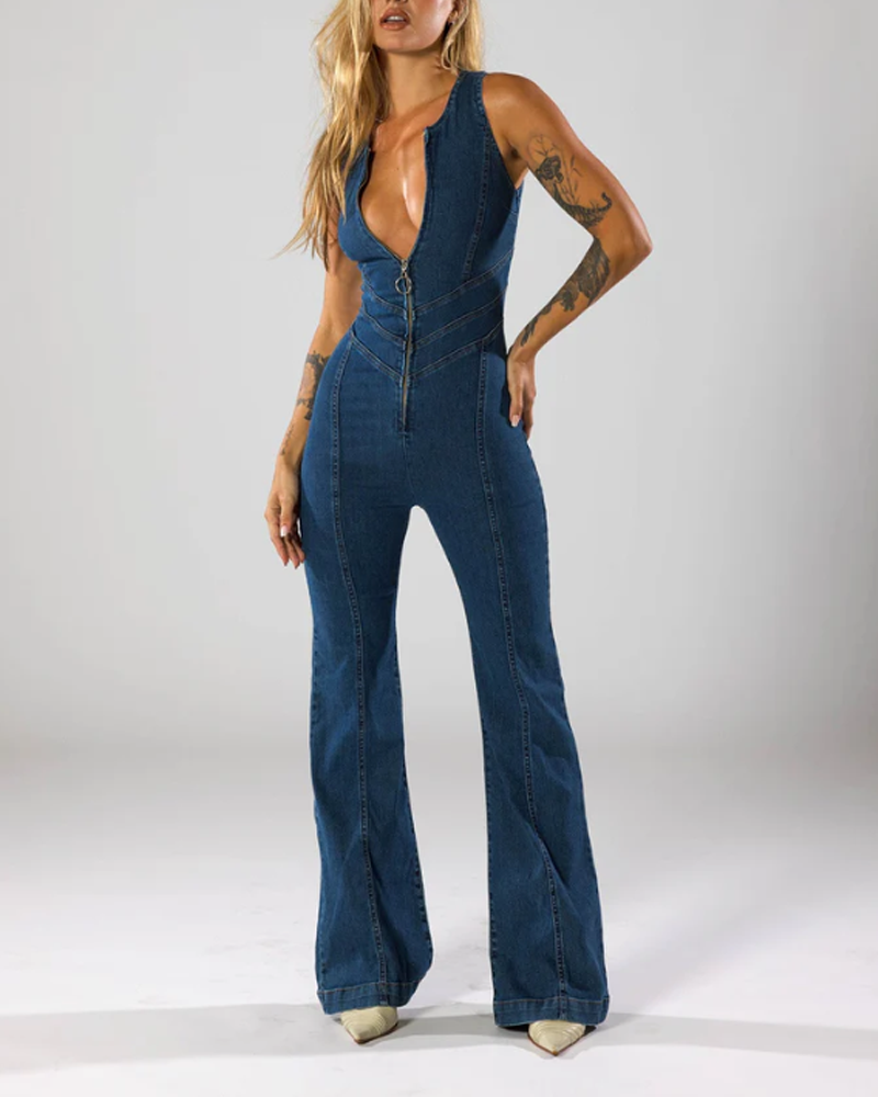 Zippered Slim Fit Sleeveless Fashion Street Jumpsuit Denim
