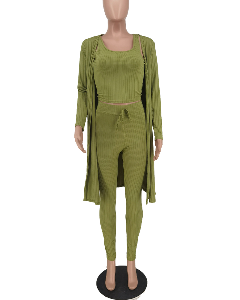 Casual Knitted Long Cardigan Vest And Pants Three Piece Set