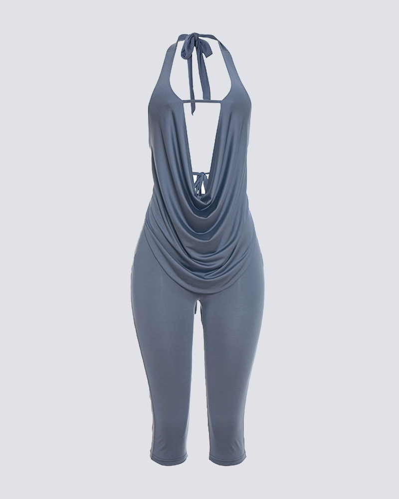 Halter Cowl Neck Deep Open Back Tie‑Up Capri Jumpsuit