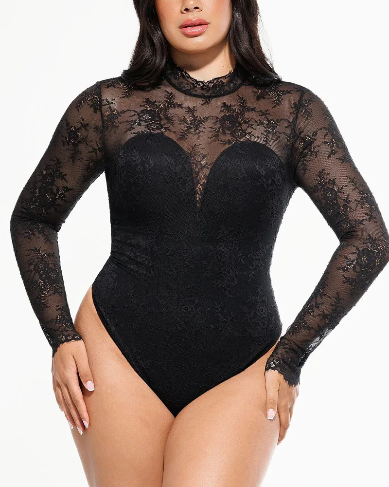 Deep V Neck See Through Lace High Neck Bodysuit With Built In Bra