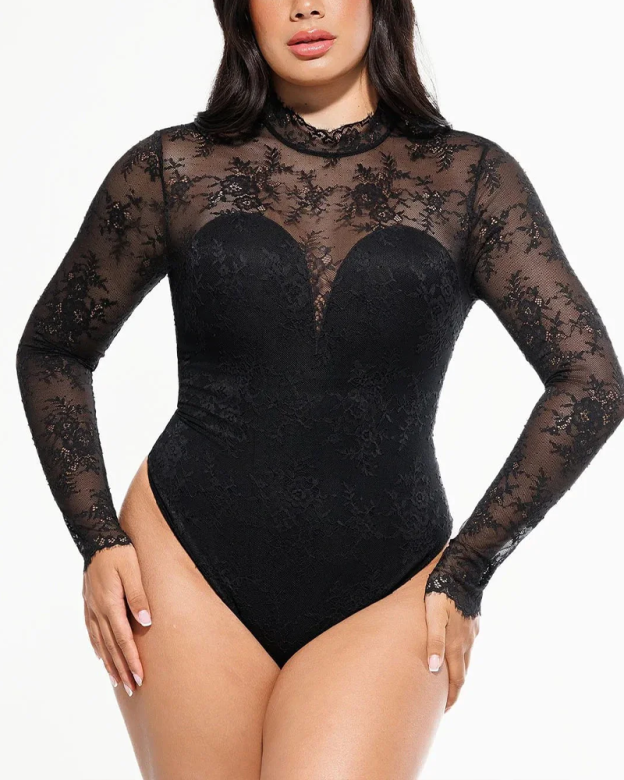 Deep V Neck See Through Lace High Neck Bodysuit With Built In Bra (Pre-Sale)